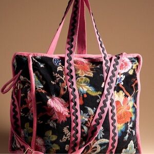 Anthropologie Black and Pink Floral Tote Bag